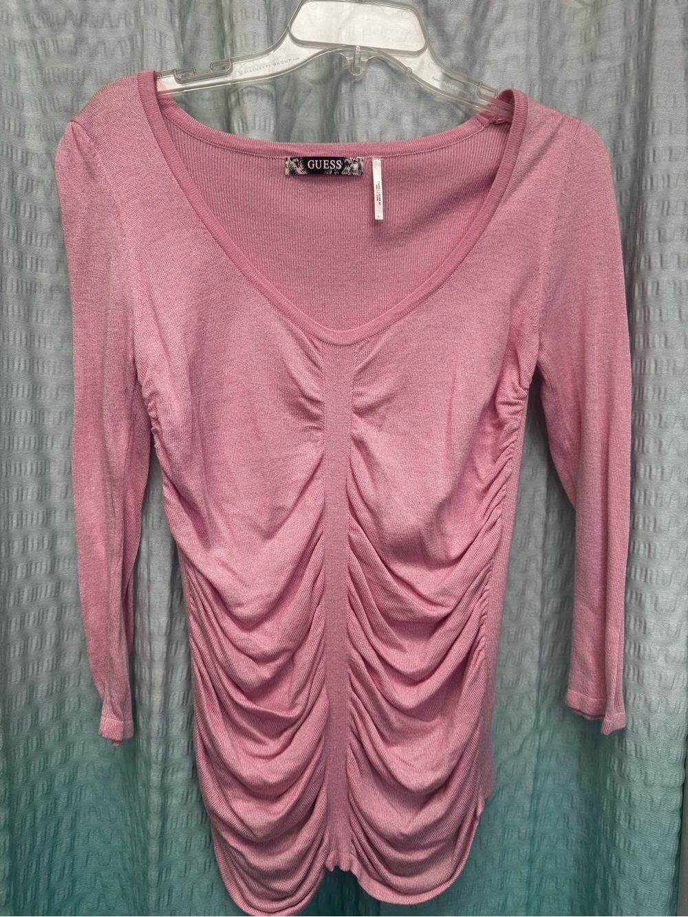 GUESS Pink Long-Sleeve Ruched Scoop Neck Top
